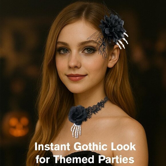 Gothic Halloween Accessories Set Black Lace Choker Skeleton Hand Hair Clip